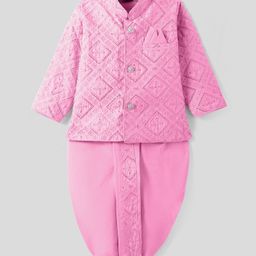 Ridokidz Full Sleeves Sequin Embellished & Floral Embroidered Dhoti Kurta Set - Baby Pink-image-0
