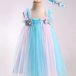 Enfance Sleeveless Bow Detailed Sequin Embellished Dress With Headband - Blue-picture-27
