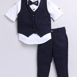 LITTLE COLLARS Jacquard Half Sleeves Solid 3 Piece Party Suit Set - Blue-image-63