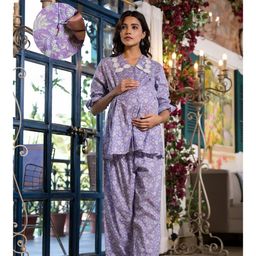 Aujjessa Cotton Three Fourth Sleeves Floral Printed & Lace Embellished Maternity Feeding Night Suit with Concealed Zipper Nursing AccessLavender-picture-24
