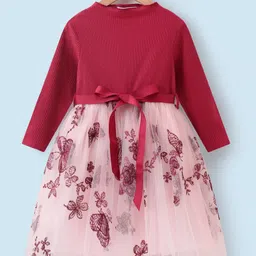 Kookie Kids Full Sleeves Party Frock With Floral Embroidery & Bow Applique - Red-picture-12