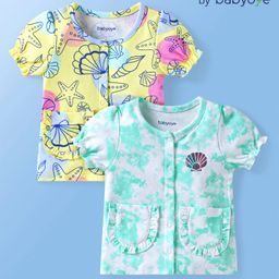 Babyoye Eco Conscious 100% Cotton Interlock Knit with Eco Jiva Finish Half Sleeves Jhablas with Shells Print Pack of 2 - Yellow & Sea Green-picture-21