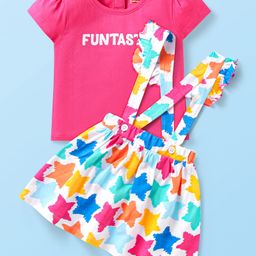 Babyhug Single Jersey Knit Cap Sleeves Top & Skirt Set with Text Star Print - Dark Pink-image-57