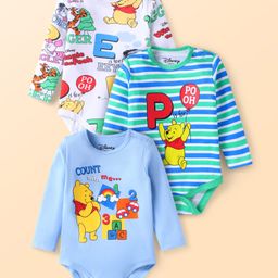 Babyhug Disney Interlock Knit Full Sleeves Onesies with Winnie the Stripes & Pooh Graphics Pack of 3 - White & Blue-image-30