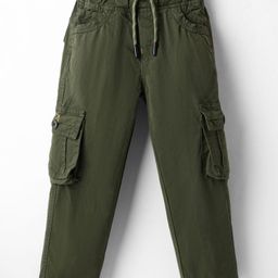 Olio Kids Cotton Woven Full Length Solid Color Trouser with Cargo Pockets - Olive Green-image-49