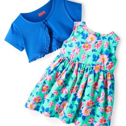 Babyhug Cotton Woven Frock & Half Sleeves Shrug With Floral Print - Sea Green-image-92
