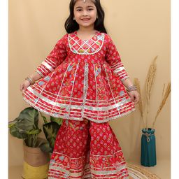 Superminis Cotton Three Fourth Sleeves Floral Printed & Gota Lace Embellished Kurta Sharara Set - Red-image-60