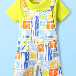Babyhug Single Jersey Knit Dungaree & Half Sleeves T-Shirt With Tropical Theme Print - White & Green-image-75