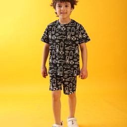 Anthrilo Cotton Blend Half Sleeves Football Printed Coordinating Tee & Shorts Set - Black-image-8