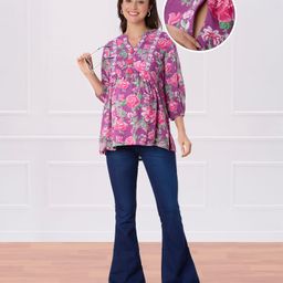 Bella Mama Woven Three Fourth Sleeves Flower Printed Maternity Top With Border - Purple-image-49