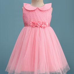 Babyhug Woven Sleeveless Peter Pan Collar Party Dress With Floral Applique - Pink-picture-36