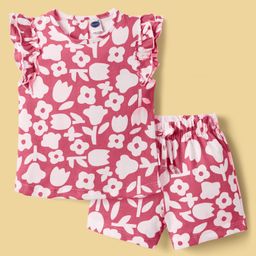 Teddy Sinker Knit Frill Sleeves Top & Shorts Co-Ord Set With Floral Print - Pink-image-63