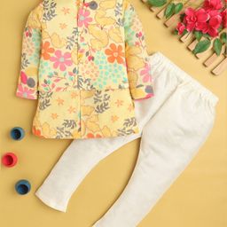 Jeet Ethnics Cotton Blend Full Sleeves Floral & Paisley Printed Kurta Pyjama With Jacket Set - Yellow-image-37