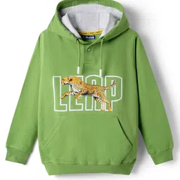 Pine Kids Cotton Knit Full Sleeves Hoodie with Kangaroo Pocket & Cheetah Print - Green-picture-10