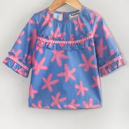 Hugsntugs Woven Cotton Three Fourth Sleeves Starfish Printed Lace Embellished Top - Blue-image-99