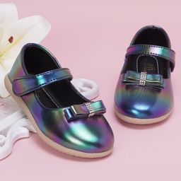 Neska Moda Bow Applique & Holographic Designed With Velcro Closure Mary Jane Ballerinas - Multi Colour-image-42