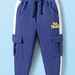 Babyhug French Terry Knit Full Length Track Pants with Pockets & Fun Times Text Print - Navy Blue-picture-2