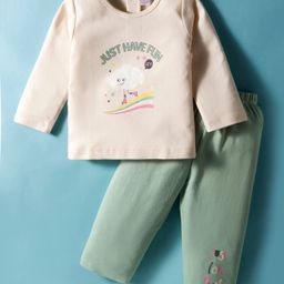 Tango Interlock Knit Full Sleeves T-Shirt & Joggers With Just Have Fun Text Print - Cream & Mint-picture-28
