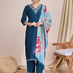 BINDUDI Floral Yoke Design V-Neck Chanderi Silk Straight Kurta With Palazzos & Dupatta-picture-43
