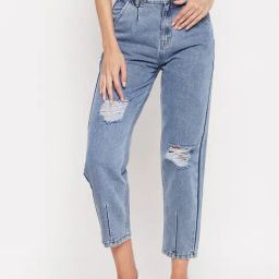 MADAME Light Blue Distressed Slim Fit Mid Rise Jeans-image-74