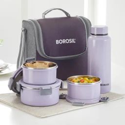 Borosil Lavender Stainless Steel Lunch Box Set of 3 (600ml)-29