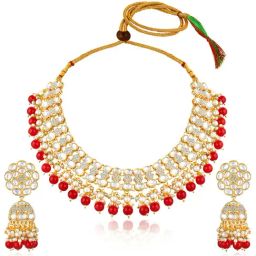 Peora Red Alloy Stone-Studded Necklace Set-image-7