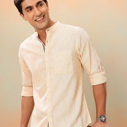 Mast & Harbour Solid Cotton Linen Mandarin Collar Shirt-image-5