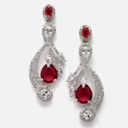 Zeneme Rhodium Plated Silver Toned Red AD Quirky Drop Earrings image 4