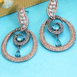 Zeneme Rose Gold Gunmetal Green AD Studded Oval Shaped Drop Earrings-image-93