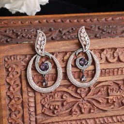 Zeneme Rose Gold Gunmetal Purple AD Studded Oval Shaped Drop Earrings-image-96