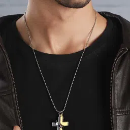 Bold by Priyaasi Dual-Toned Gold Silver Cross Ring Chain Necklace for Men image 2