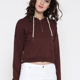 Roadster Women Burgundy Solid Hooded Crop Sweatshirt-image-64