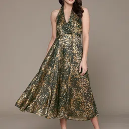 Label Ritu Kumar Print Halter Neck Georgette Midi Dress-picture-11