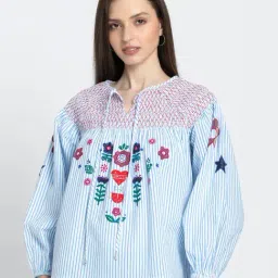 SHAYE White Round Neck Embroidered Three-Quarter Sleeves Casual Top For Women-image-41