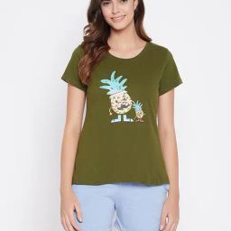 Clovia Green & Blue Printed T-Shirt With Shorts-image-39