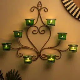 Homesake 'Holi' Green & Golden Metal 6-in-1 Wall Candle Holder With Tea Light Candle-image-119