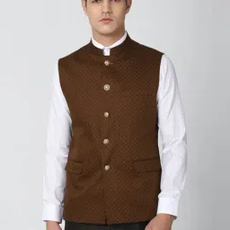 Van Heusen Brown Cotton Slim Fit Printed Nehru Jacket-image-1