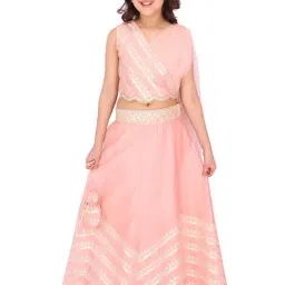 Cutecumber Kids Peach Embellished Crop Top with attached Dupatta with Skirt-image-59