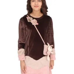 Cutecumber Kids Brown & Pink Color Block Full Sleeves Dress with Sling Bag-image-101