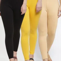 Gracit Black & Yellow Mid Rise Leggings - Pack Of 3-image-83