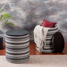 Nestroots Printed Black Cotton Ottoman - Set of 2-image-2
