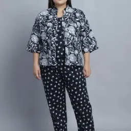 TAG 7 Black Cotton Printed Slip Pyjamas Set With Shrug-image-14