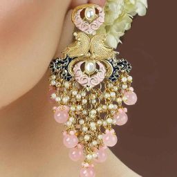 Karatcart Gold-Plated Pink Beads Kundan Dangler Earrings for Women image 2