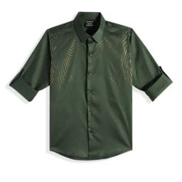 CHARCHIT Boys Dark Green Cotton Lycra Embellished Shirt-image-94