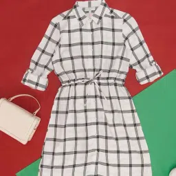 Pantaloons Junior White Cotton Chequered Full Sleeves Dress-picture-26