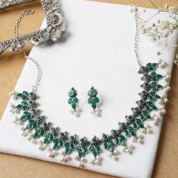 Teejh Nishan Silver Oxidised Green Stone and Pearl Necklace Set-9