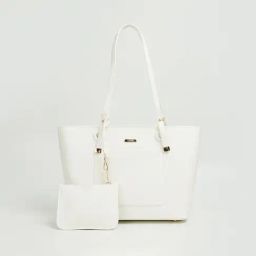 Code by Lifestyle White Textured Tote Handbag with Pouch-image-2