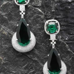 Zeneme Rhodium Plated Green AD Teardrop Dangler Earrings-37