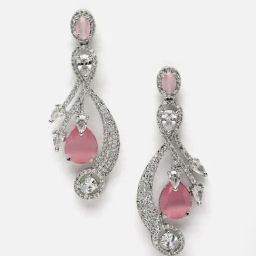 Zeneme Rhodium Plated Silver Toned Pink AD Quirky Drop Earrings image 4