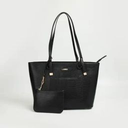 Code by Lifestyle Black Solid Tote Handbag with Pouch-image-26